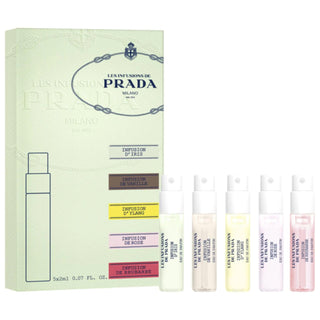 Prada Les Infusions Discovery Set: Experience 5 Luxury Fragrances - Iris, Vanille, Ylang + More! Trial Size Perfume Sampler Prada Fragrance Discovery Set: Find Your Signature Scent Prada fragrance discovery set, fragrance sampler, perfume sample set, trial size fragrances, Prada Infusion d'Iris sample, Prada Infusion de Vanille sample, Prada Infusion d'Ylang sample, fragrance gift set, luxury fragrance set, perfume discovery kit, Prada, fragrance, perfume, gift, luxury, sampler, trial size, Infusion d'Iris,