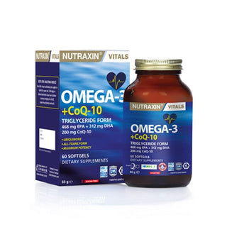 Nutraxin Omega-3 + CoQ10 60 Softgels - Heart Health Supplement for Adults Nutraxin Omega-3 + CoQ10 60 Softgels for Heart Health Omega-3 supplement, CoQ10 supplement, Heart health support, Dietary supplement for adults, Softgel Omega-3 and CoQ10, Cardiovascular health, Brain health, Antioxidant supplement, Fish oil supplement, Nutraxin, Wellness supplements, Health supplements