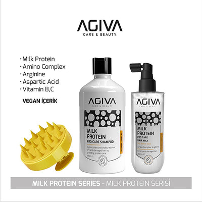 Agiva Milk Protein Hair Care Set: Shampoo, Hair Milk & Comb - Repair Damaged Hair, Restore Shine, Moisturize & Detangle