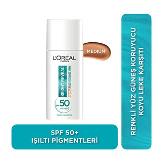 L'Oreal Paris Bright Reveal SPF 50+ Anti-Dark Spot Tinted Facial Sunscreen for Sensitive Skin - Medium, 1.69 fl oz L'Oreal Paris Bright Reveal SPF 50+ Tinted Sunscreen - Medium facial sunscreen, SPF 50+ sunscreen, anti-dark spot sunscreen, tinted facial moisturizer, sunscreen for sensitive skin, daily UV protection, skincare with UV protection, L'Oreal Paris Bright Reveal, medium tone sunscreen, cosmetic sunscreen, dermatologist-tested sunscreen, non-greasy sunscreen, brightening sunscreen, even skin tone s