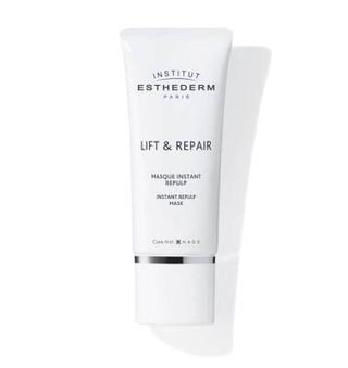 lift repair instant repulp mask packaging, Institut Esthederm mask application on skin, close-up of instant repulp mask texture Institut Esthederm Lift Repair Instant Repulp Mask | 50 ml Institut Esthederm Lift Repair Mask - Instant Results lift-repair-mask, instant-repulp-skin-care, Institut-Esthederm, anti-aging-mask, moisturizing-mask, skincare-treatments, beauty-products, skin-tightening, cream-mask, ai-generated