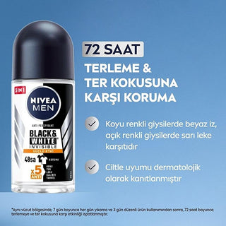 Nivea Men Black & White Invisible Deodorant for Men - Long Lasting Anti-Perspirant Protection, 72 Hours, Anti-Stain, Dermatologically Tested - 50ml Nivea Men Black & White Invisible Deodorant - 72hr Protection Nivea Men Deodorant, Black & White Invisible Deodorant, Long-lasting anti-perspirant, Dermatologically tested deodorant, Anti-stain deodorant for men, Men's grooming, Personal care, Deodorant for men, Anti-perspirant deodorant, 72-hour protection, Clothing protection, Skin care, X5 Anti Formula, Ethan