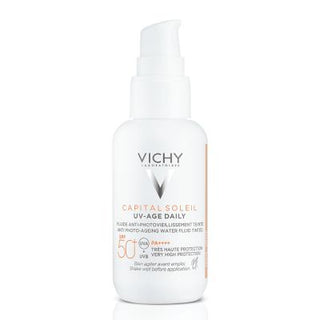 vichy capital soleil spf 50 tinted sunscreen, Vichy UV-Age Daily SPF 50 application Vichy Capital Soleil UV-Age Daily SPF 50+ - Colored Sunscreen | 40 ml Vichy SPF 50+ UV-Age Sunscreen - Hydrating Formula sunscreen, vichy, spf-50, colored-sunscreen, hydrating, uv-protection, anti-aging, sensitive-skin, water-resistant, ai-generated