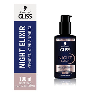 gliss night elixir restructuring hair serum bottle, gliss serum applied on hair texture, gliss night elixir serum packaging Gliss Night Elixir Restructuring Hair Care Serum - 100 ml for Damaged Hair Gliss Night Elixir - Restructuring Hair Serum hair-care, night-serum, split-ends-treatment, gliss, hair-repair, rehydration, damaged-hair, deep-conditioning, lotion, ai-generated