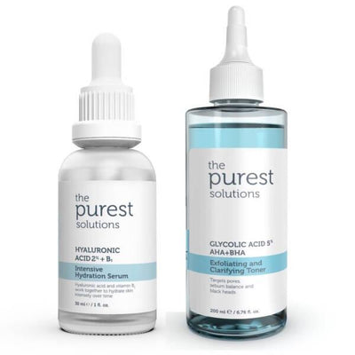 The Purest Solutions Skincare Set for Dry & Uneven Skin - Hyaluronic Acid Serum & Glycolic Acid Toner - Intensive Hydrat