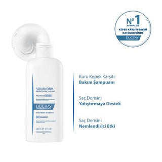 ducray squanorm sec shampoo 200ml dry dandruff treatment bottle, close up of ducray squanorm sec shampoo ingredients, ducray squanorm sec shampoo applied to wet hair Ducray Squanorm Sec Shampoo - Dry Dandruff Treatment | 200ml Ducray Squanorm Shampoo - Dry Dandruff Treatment | 200ml ducray, shampoo, dry-dandruff, scalp-care, anti-dandruff, hair-care, hair-treatment, scalp-cleansing, ai-generated, ducray-squanorm