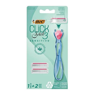 BIC Women's Razor - BIC Click 3 Soleil Sensitive 3-Blade Shaving Kit for Smooth Shaving BIC Click 3 Soleil Sensitive Women's Razor - Smooth Shaving Women's Razor, Sensitive Skin Shaving, Three-Blade Razor, BIC Click 3 Soleil Sensitive, Recyclable Shaving Kit, Smooth Shaving, Gentle Shaving, Eco-Friendly Packaging, Ergonomic Handle, Lubricating Strip, Aloe Vera, Vitamin E, Personal Care, Grooming Essentials