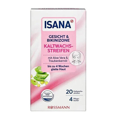 Isana Cold Wax Strips for Face and Bikini Area - Gentle Epilation for Sensitive Skin, 20 Strips