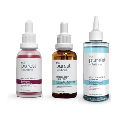 The Purest Solutions: Skincare Set for Uneven Skin Tone - AHA BHA Peeling, Pore Tightening Serum, Lightening Toner - Exf