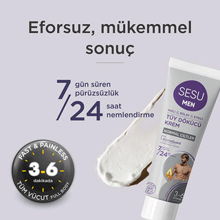 Sesu Men's Hair Removal Cream for Sensitive Skin - 3-6 Minute Quick Hair Removal, Dermatologically Tested, Vitamin E Enriched - 3.38 fl oz Sesu Men's Hair Removal Cream - Quick & Gentle men's hair removal cream, depilatory cream for men, sensitive skin hair removal, easy hair removal, Vitamin E hair removal cream, hair removal for men, men's grooming products, sensitive skin care, quick hair removal, dermatologically tested products