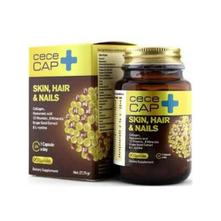 cececap skin hair nail supplement capsules, bottle of cececap dietary supplement, collagen hyaluronic acid supplement capsules CeceCap Skin, Hair & Nail Supplement - 90 Capsules CeceCap Skin, Hair & Nail Supplement - 90 Capsules cececap, skin-care, hair-care, nail-supplement, collagen, hyaluronic-acid, vitamins, minerals, dietary-supplement, ai-generated