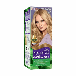 Wella Koleston Naturals Hair Color 8/0, Wella hair color packaging with instructions, Hair color components with coconut oil care, Before and after results of hair coloring Wella Koleston Naturals Hair Color - Light Brown 8/0 for Women 16+ Wella Koleston Naturals Light Brown Hair Color wella-hair-color, light-brown-hair-dye, hair-color-for-women, coconut-oil-hair-care, lasting-color, hair-coloring-kit, natural-hair-color, allergic-reaction-test, ai-generated, wella-koleston
