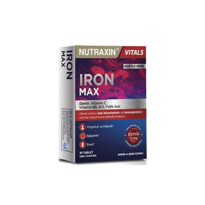 Nutraxin Iron Max 30 Tablets - Dietary Supplement for Iron Deficiency, Prenatal Support with Iron, Folic Acid, Vitamin B