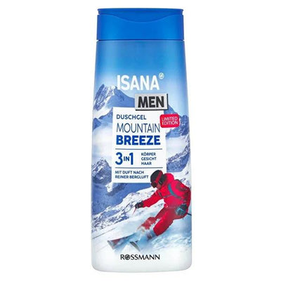 Isana Men's 3-in-1 Shower Gel - Refreshing Mountain Breeze Scent, Dermatologically Tested, pH Balanced for Sensitive Ski