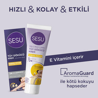 Sesu Hair Removal Cream for Normal Skin - 3.38 fl oz, Dermatologically Tested, Vitamin E & Bisabolol Enriched Sesu Hair Removal Cream - Dermatologically Tested & Moisturizing hair removal cream, depilatory cream, sensitive skin hair removal, dermatologically tested hair removal, moisturizing hair removal cream, quick hair removal, Vitamin E hair removal cream, Bisabolol hair removal cream, normal skin hair removal, body care, skincare, personal care, beauty products, smooth skin, hair-free, grooming essenti