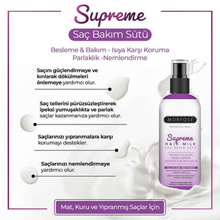 Morfose Supreme Hair Care Milk - Vegan Collagen & Herbal Keratin Hair Treatment, Lightweight Hydration & Heat Protection - 10.14 fl oz Morfose Hair Care Milk - Vegan Hair Treatment & Heat Protection hair care product, hair treatment, hair serum, hair milk, vegan hair care, hair repair, heat protectant, damaged hair treatment, hair strengthening treatment, hair moisturizing treatment, hair care, vegan, cruelty-free, hair health, split ends, breakage, dry hair, vegan collagen, herbal keratin, ceramide, heat p
