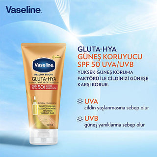 Vaseline Gluta-Hya SPF 50 Sunscreen Body Lotion: UVA/UVB Protection, Hydrating Hyaluronic Acid, Reduces Sunspots, Non-Greasy Formula Vaseline SPF 50 Sunscreen: UVA/UVB Protection & Hydration sunscreen body lotion, SPF 50 body lotion, UVA UVB protection, hyaluronic acid body lotion, sunspot reduction lotion, non greasy sunscreen, dermatologically tested sunscreen, GlutaGlow lotion, sun protection body care, body lotion, sunscreen, SPF 50, UVA protection, UVB protection, hyaluronic acid, sunspot reduction, no