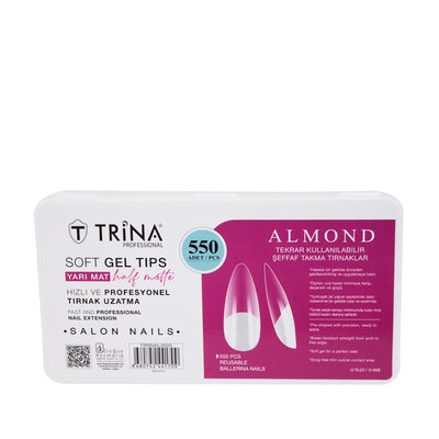 Trina Artificial Nails - 550 Piece Soft Gel Almond Shape Semi-Matte Reusable Nail Tips for Nail Art & Beauty Enhancement