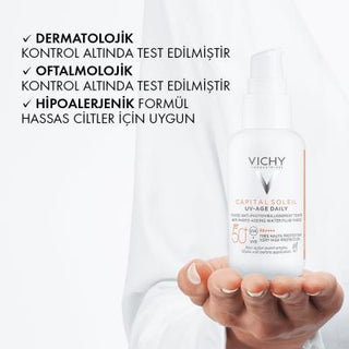 vichy capital soleil spf 50 tinted sunscreen, Vichy UV-Age Daily SPF 50 application Vichy Capital Soleil UV-Age Daily SPF 50+ - Colored Sunscreen | 40 ml Vichy SPF 50+ UV-Age Sunscreen - Hydrating Formula sunscreen, vichy, spf-50, colored-sunscreen, hydrating, uv-protection, anti-aging, sensitive-skin, water-resistant, ai-generated
