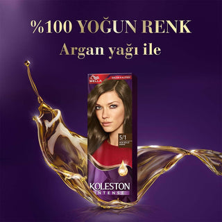 Wella Koleston Intense Hair Color 5/1 Light Ash Brown, Wella hair dye packaging with contents listed Wella Koleston Intense Hair Color - 100% Gray Coverage, 8 Weeks Lasting Color | 5/1 Light Ash Brown Wella Koleston Intense Hair Color 5/1 Light Ash Brown wella, hair-color, light-ash-brown, gray-coverage, beauty, permanent-color, argan-oil, moisturizing, coloring-kit, ai-generated