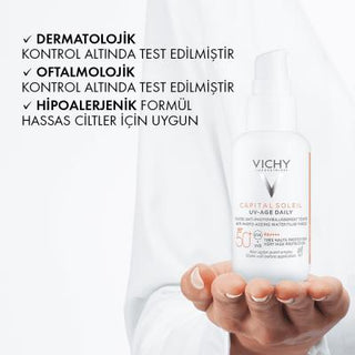vichy capital soleil spf 50 tinted sunscreen, Vichy UV-Age Daily SPF 50 application Vichy Capital Soleil UV-Age Daily SPF 50+ - Colored Sunscreen | 40 ml Vichy SPF 50+ UV-Age Sunscreen - Hydrating Formula sunscreen, vichy, spf-50, colored-sunscreen, hydrating, uv-protection, anti-aging, sensitive-skin, water-resistant, ai-generated