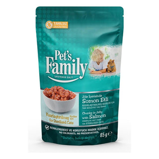 pets-family-salmon-cat-food-85g-pouch, nutritious-pouch-cat-food-with-salmon Pet's Family Salmon Cat Food - Pouch for Spayed Cats | 85g Pet's Family Salmon Cat Food - 85g Pouch pets-family, cat-food, salmon, wet-food, spayed-cats, jelly-food, nutritious-meal, cat-treats, ai-generated, pouch-food