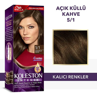 Wella Koleston Intense Hair Color 5/1 Light Ash Brown, Wella hair dye packaging with contents listed Wella Koleston Intense Hair Color - 100% Gray Coverage, 8 Weeks Lasting Color | 5/1 Light Ash Brown Wella Koleston Intense Hair Color 5/1 Light Ash Brown wella, hair-color, light-ash-brown, gray-coverage, beauty, permanent-color, argan-oil, moisturizing, coloring-kit, ai-generated