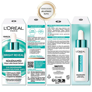 loreal paris bright reveal dark spot treatment serum 30 ml, loreal paris serum with niacinamide and amino-sulfonic acid, packaging of loreal bright reveal serum L'Oreal Paris Bright Reveal Serum - Dark Spot Treatment | 30 ml L'Oreal Paris Bright Reveal Serum - Dark Spot Treatment loreal-paris, dark-spot-serum, bright-reveal, niacinamide-serum, skincare, dark-spot-treatment, women-skincare, anti-aging, acne-scar-treatment, ai-generated