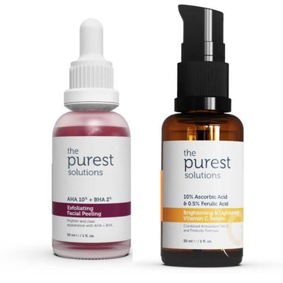The Purest Solutions Skin Tone Evening & Brightening Set: Vitamin C Serum & AHA BHA Exfoliating Peel for Radiant, Anti-A