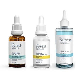 The Purest Solutions: Intensive Skincare Set for Uneven Skin - Pore Tightening, Brightening, Exfoliating - Niacinamide, Arbutin, Glycolic Acid The Purest Solutions Set: Brighten, Tighten Pores, Exfoliate skincare set for uneven skin, pore tightening serum, skin brightening serum, exfoliating toner, niacinamide serum, arbutin serum, glycolic acid toner, hyaluronic acid serum, the purest solutions, skin care, skincare, uneven skin tone, enlarged pores, brighter complexion, smoother skin, radiant skin, niacina