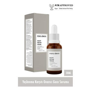 maruderm night repair serum 30 ml bottle, close-up of maruderm night repair serum application, maruderm night repair serum displayed with ingredients Maruderm Night Repair Serum - Skin Renewal Formula | 30 ml Maruderm Night Repair Serum - Skin Renewal Formula | 30 ml maruderm, night-repair-serum, skin-renewal, skincare, anti-aging, moisturizing, hyaluronic-acid, retinol, vitamin-e, ai-generated
