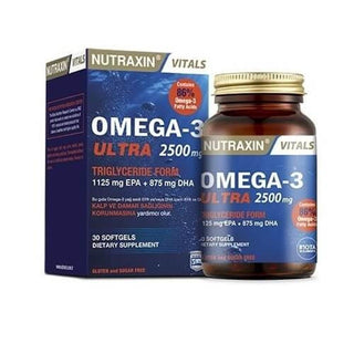 Nutraxin Omega-3 Ultra 2500 mg - High Potency Fish Oil Capsules for Heart Health Support Nutraxin Omega-3 Ultra 2500 mg - Heart Health Support Omega-3 supplement, fish oil capsules, high potency Omega-3, EPA and DHA supplement, heart health support, brain health, cognitive support, dietary supplement, soft capsules, Nutraxin, cardiovascular health, cognitive function, vision health