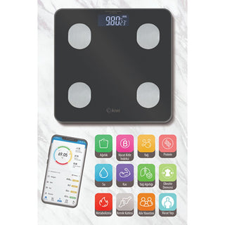 kiwi smart bathroom scale black kbs-1085 front view, kiwi smart bathroom scale black kbs-1085 display Kiwi Smart Bathroom Scale - Black KBS-1085 | Max Weight 396 lb Kiwi Smart Bathroom Scale - Black KBS-1085 kiwi, bathroom-scale, smart-scale, fitness, weight-management, body-analysis, health, adult-fitness, ai-generated, black-scale