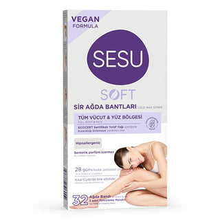 sesu soft wax strips packaging, sesu soft wax strips in action, sesu soft wax strips with cleansing wipes Sesu Soft Wax Strips - Easy to Use | 32 Strips Sesu Soft Wax Strips - Easy to Use | 32 Strips wax-strips, hair-removal, beauty-care, skincare, easy-to-use, ecocert, dermatologically-tested, ultimate-smoothness, women, ai-generated