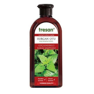 tresan urtica care shampoo bottle, nourishing nettle shampoo for healthy hair,  Tresan strengthening care shampoo 300 ml Tresan Isırgan Otu Güçlendirici Bakım Şampuanı - 300 ml Tresan Strengthening Care Shampoo - 300 ml tresan, strengthening-shampoo, urtica-extract, hair-care, for-oily-hair, natural-products, hair-nourishment, volumizing, scalp-care, ai-generated
