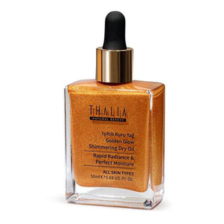 Thalia Shimmering Dry Oil for Natural Glow & Moisturization - 50ml Golden Glow Thalia Shimmering Dry Oil for Glow & Moisturization Shimmering Dry Oil, Natural Glow, Moisturizing Oil, Non-comedogenic, Vitamin E, Natural Oils for Skin, Shimmering Body Oil, skincare, natural skincare, glow, moisturization, dry oil, body oil, radiant skin, healthy skin, cosmetic, beauty product, gift for her, skincare routine, natural ingredients, cruelty-free, paraben-free, silicone-free