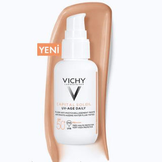 vichy capital soleil spf 50 tinted sunscreen, Vichy UV-Age Daily SPF 50 application Vichy Capital Soleil UV-Age Daily SPF 50+ - Colored Sunscreen | 40 ml Vichy SPF 50+ UV-Age Sunscreen - Hydrating Formula sunscreen, vichy, spf-50, colored-sunscreen, hydrating, uv-protection, anti-aging, sensitive-skin, water-resistant, ai-generated