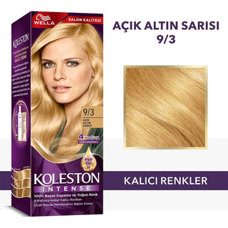 Wella Koleston Intense 9/3: Light Golden Blonde Hair Dye - 100% Gray Coverage, Argan Oil, and Long-Lasting Color Wella Koleston Light Golden Blonde Hair Dye: Gray Coverage & Argan Oil hair dye, permanent hair color, gray coverage hair dye, argan oil hair color, Wella Koleston hair dye, light golden blonde hair dye, at home hair color, long lasting hair color, hair coloring kit, hair dye with argan oil, hair color, hair coloring, blonde hair dye, golden blonde hair, light blonde hair, hair treatment, argan o