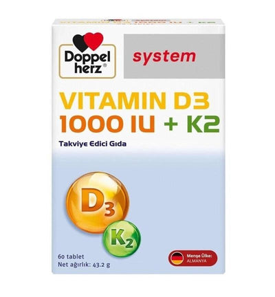 Doppelherz Vitamin D3 1000 IU + K2 Supplement - 60 Tablets for Bone Health and Immune Support