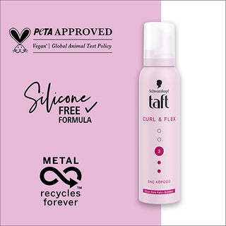 taft-curl-flex-hair-mousse-150ml, taft-curl-flex-mousse-packaging, curly-hair-styled-with-taft-mousse Taft Curl & Flex Hair Mousse - Define & Add Volume | 150 ml Taft Curl & Flex Mousse 150 ml - Define Curls taft, curl-flex, hair-mousse, curly-hair, volume, hold-3, ai-generated, hair-care, hair-styling, mousse