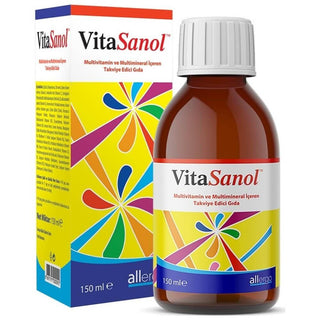 vitasanol multivitamin syrup bottle, nutrition ingredients of vitasanol multivitamin syrup, child with vitasanol multivitamin syrup VitaSanol Multivitamin Syrup - Kids Formula | 150 ml VitaSanol Multivitamin Syrup - Kids Formula | 150 ml vitamin-syrup, kids-multivitamin, liquid-nutrition, vitaSanol, children-health, dietary-supplement, essential-vitamins, caregivers, ai-generated, parents