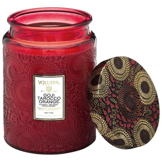 Voluspa Goji & Tarocco Orange Glass Jar Candle - Long-Lasting Citrus Fragrance, Coconut Wax, 140 Hours Burn Time Voluspa Citrus Glass Jar Candle - 140 Hours Burn Time Glass Jar Candle, Citrus Fragrance Candle, Long-Lasting Candle, Coconut Wax Candle, Natural Wick Candle, Home Decor, Home Fragrance, Relaxing Ambiance, Dinner Party Essentials, Gift Ideas, Eco-Friendly Candles, Clean-Burning Candles, Voluspa, Fresh Citrus & Fruits Fragrance, Goji Berry, Mango, Orange, Tart Tangerine, Piquant Pomelo Nectar