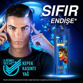 Clear Men Shampoo Legend Cristiano Ronaldo Limited Edition - Front View, Clear Men Anti-Dandruff Shampoo - Product Features, Clear Men Shampoo 350ml - Application Clear Men Shampoo Legend by CR7 Cristiano Ronaldo - Anti-Dandruff Formula for Men | 350 ml Clear Men Shampoo by Cristiano Ronaldo - 350ml clear-men-shampoo, cr7-shampoo, anti-dandruff, men-hair-care, nourishing-shampoo, sea-salt-formula, scalp-care, 3zero-tech, men-beauty, ai-generated